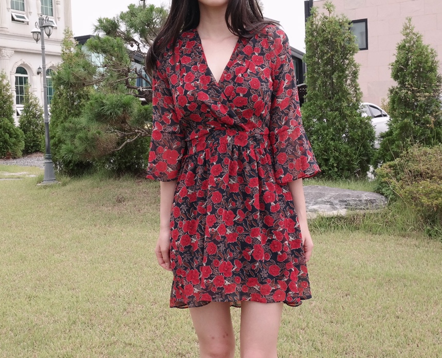 Red Flower Pattern Autumn Chiffon Wrap One Piece M