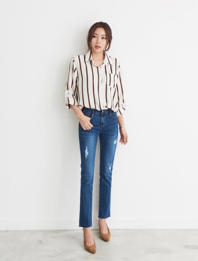 T-shirt color roll-up shirt casual blouse Daily Lo