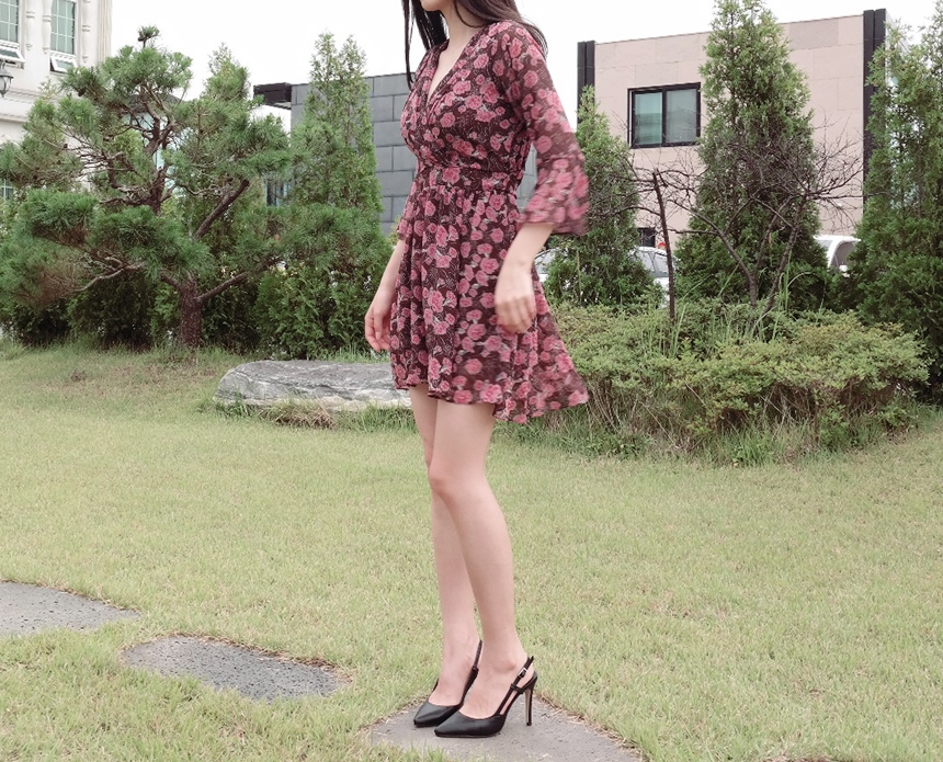 Red Flower Pattern Autumn Chiffon Wrap One Piece M