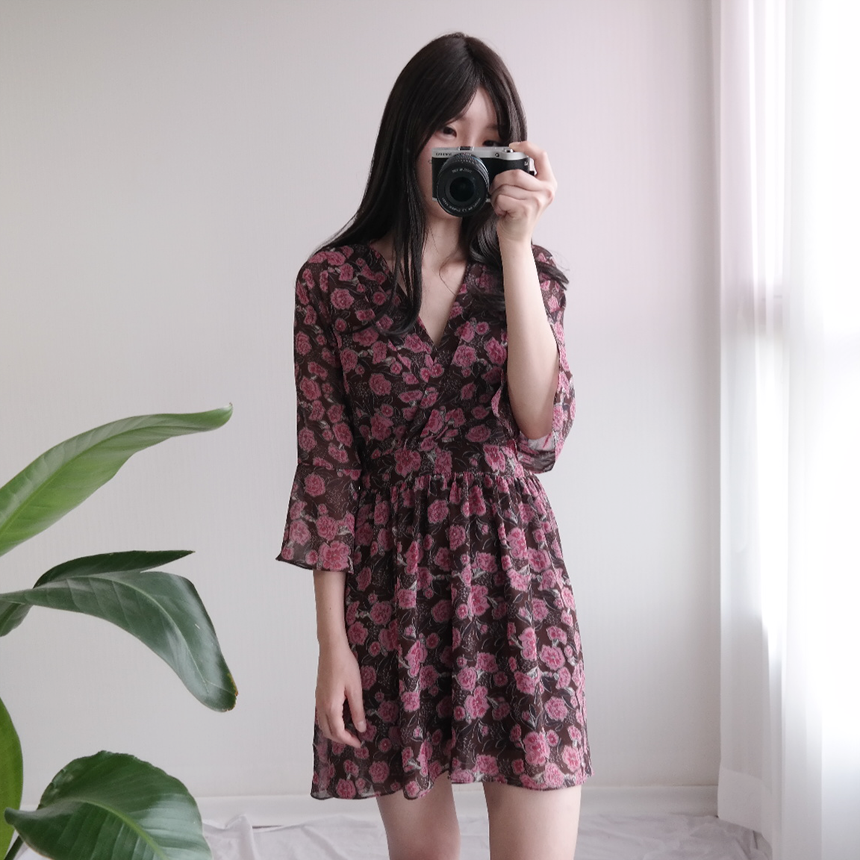 Red Flower Pattern Autumn Chiffon Wrap One Piece M