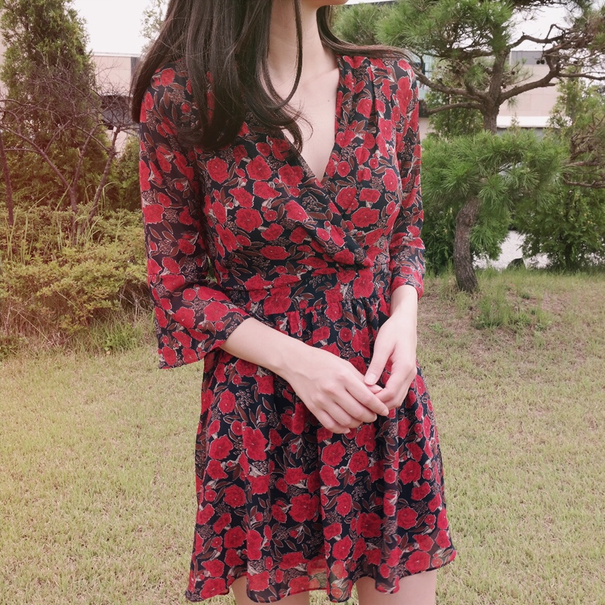 Red Flower Pattern Autumn Chiffon Wrap One Piece M