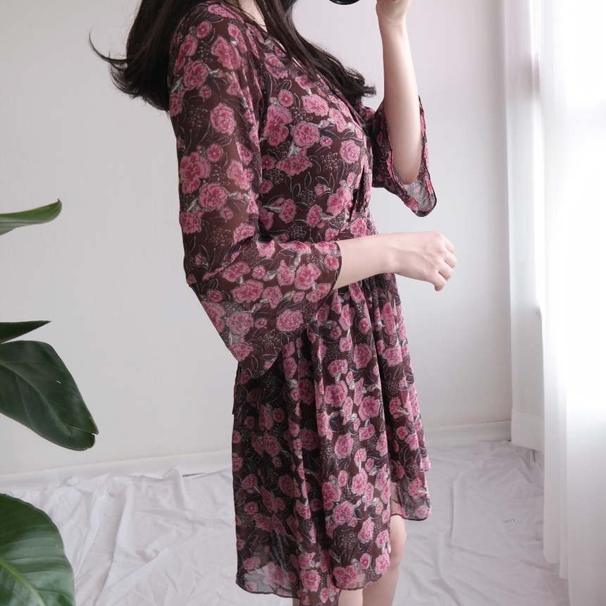 Red Flower Pattern Autumn Chiffon Wrap One Piece M