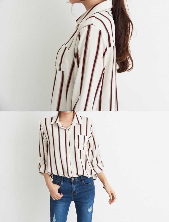 T-shirt color roll-up shirt casual blouse Daily Lo