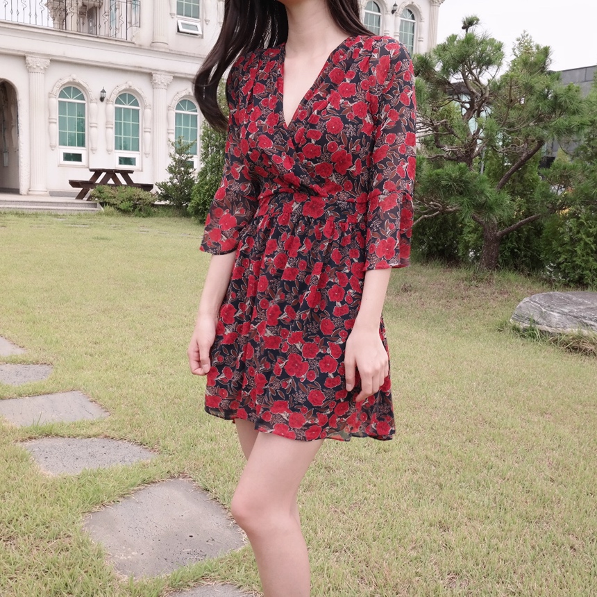 Red Flower Pattern Autumn Chiffon Wrap One Piece M