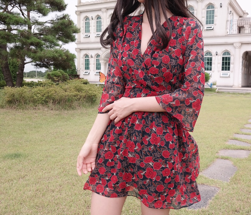 Red Flower Pattern Autumn Chiffon Wrap One Piece M