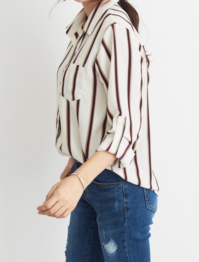 T-shirt color roll-up shirt casual blouse Daily Lo
