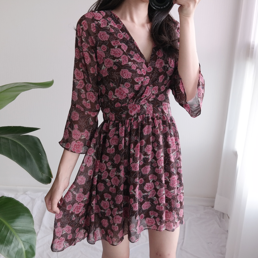 Red Flower Pattern Autumn Chiffon Wrap One Piece M