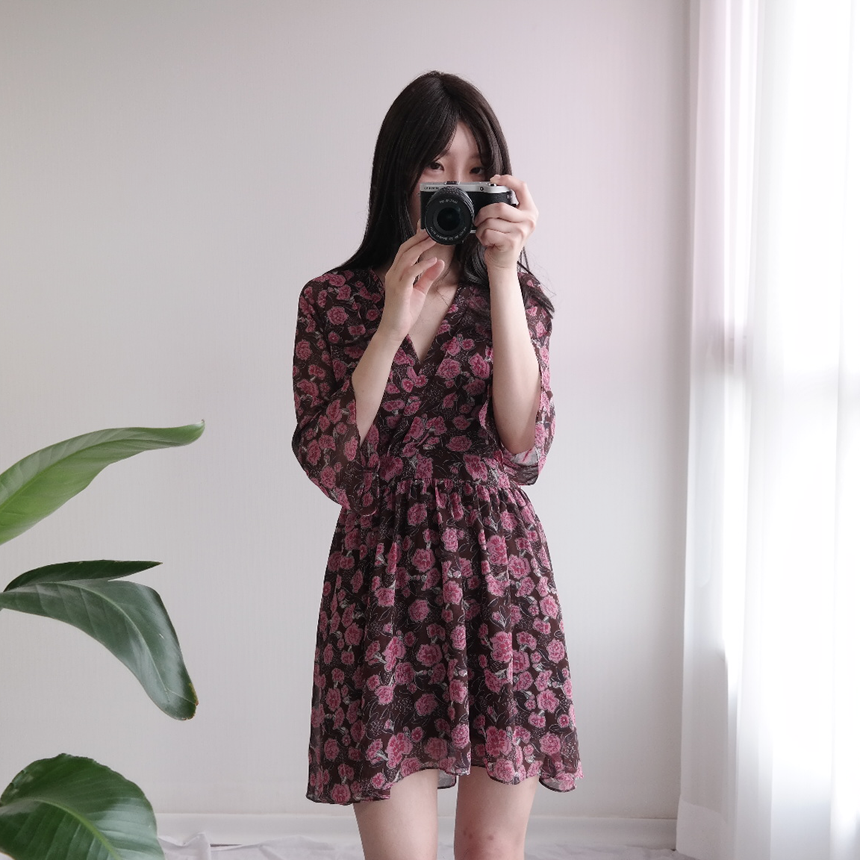 Red Flower Pattern Autumn Chiffon Wrap One Piece M