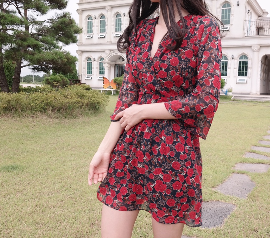 Red Flower Pattern Autumn Chiffon Wrap One Piece M