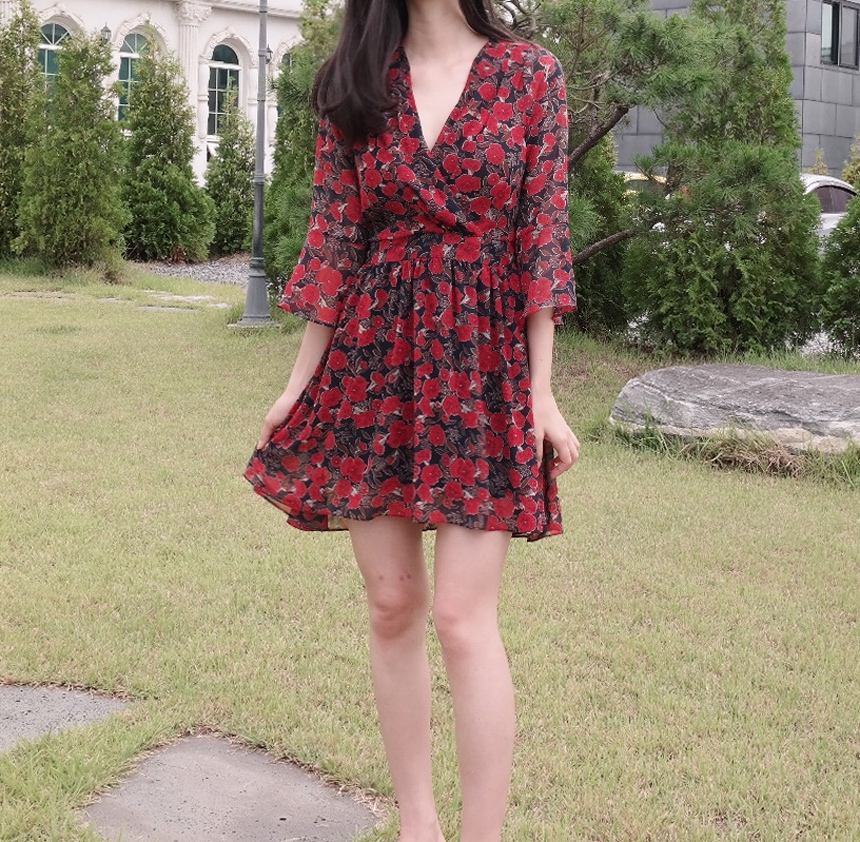 Red Flower Pattern Autumn Chiffon Wrap One Piece M