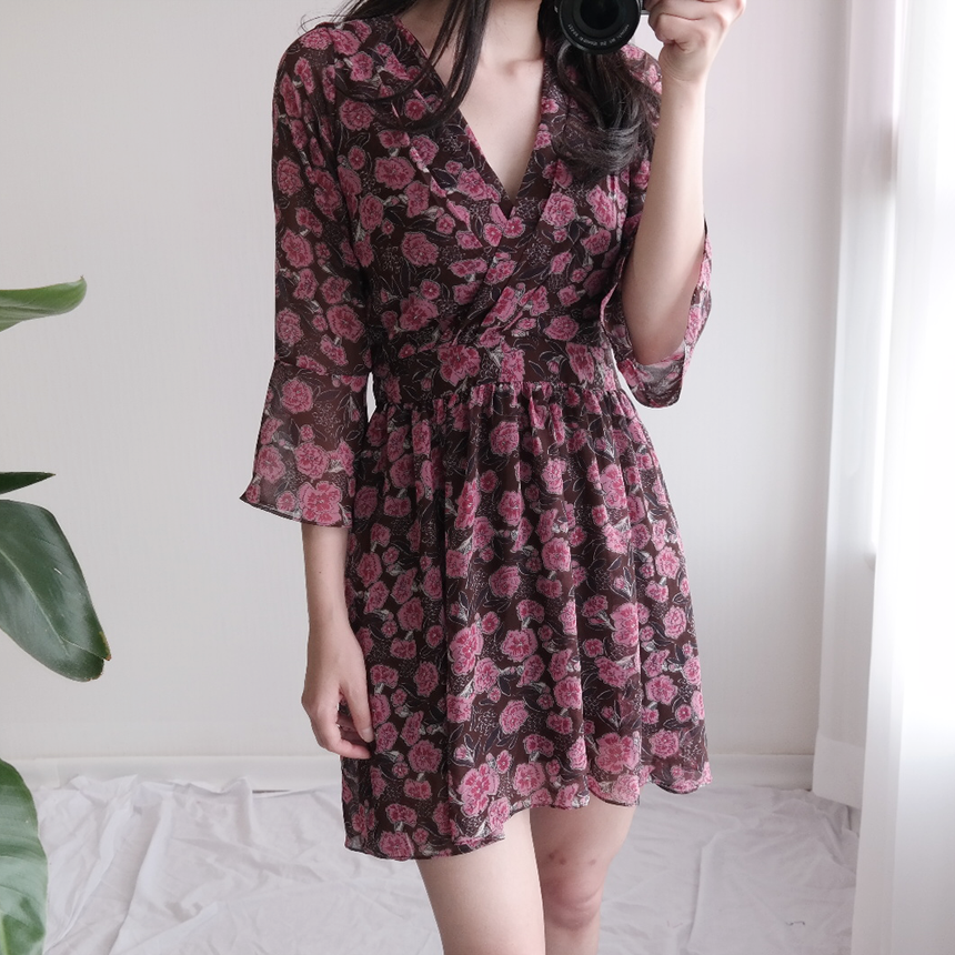 Red Flower Pattern Autumn Chiffon Wrap One Piece M