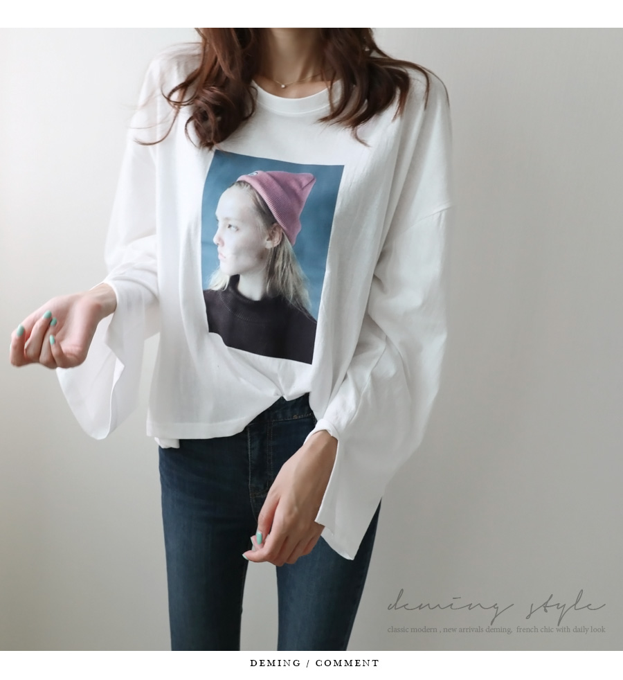 Dimming face tee, 3 color sleeve trim crop tee Aut