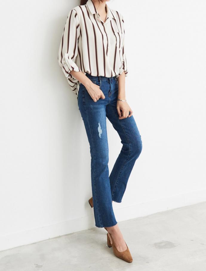 T-shirt color roll-up shirt casual blouse Daily Lo