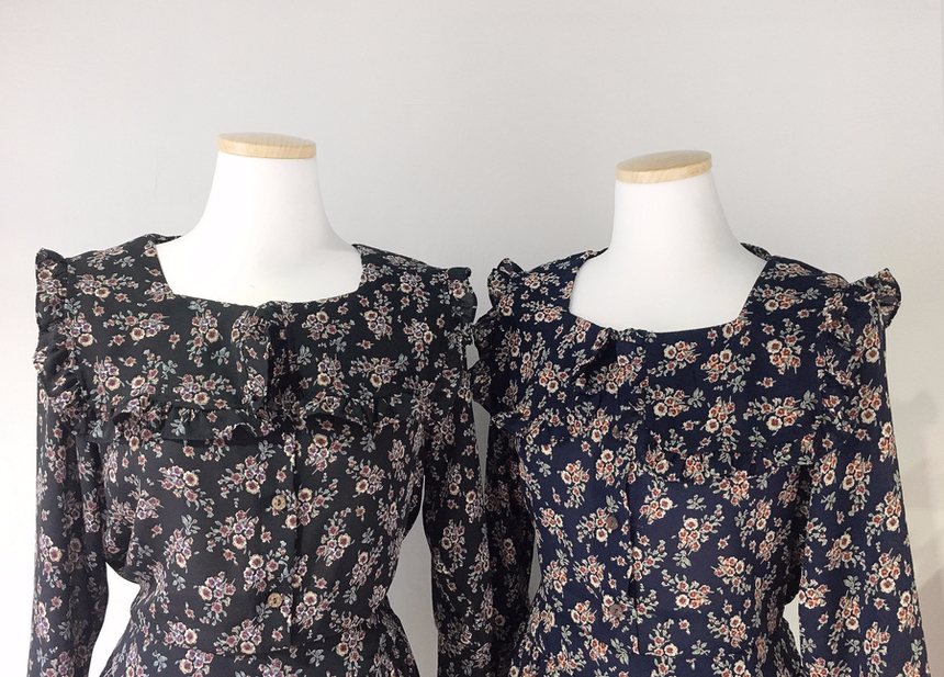 Square neck flower chiffon ruffle dress 7 part aut