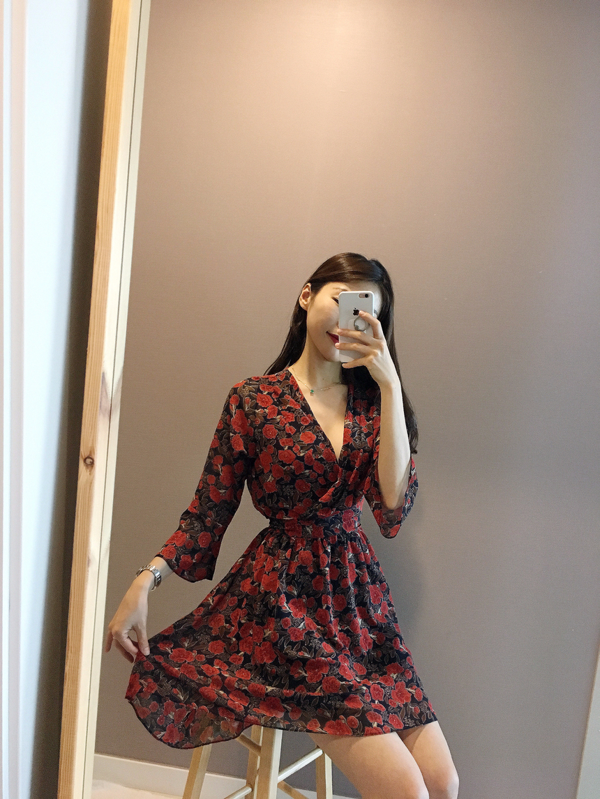 Flower Chiffon Wrap One Piece V-neck Fall Mini 3co