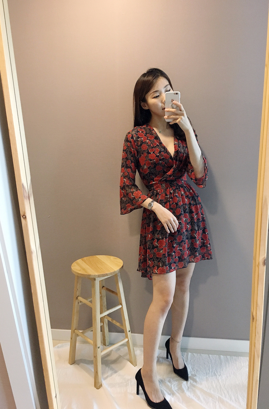 Flower Chiffon Wrap One Piece V-neck Fall Mini 3co