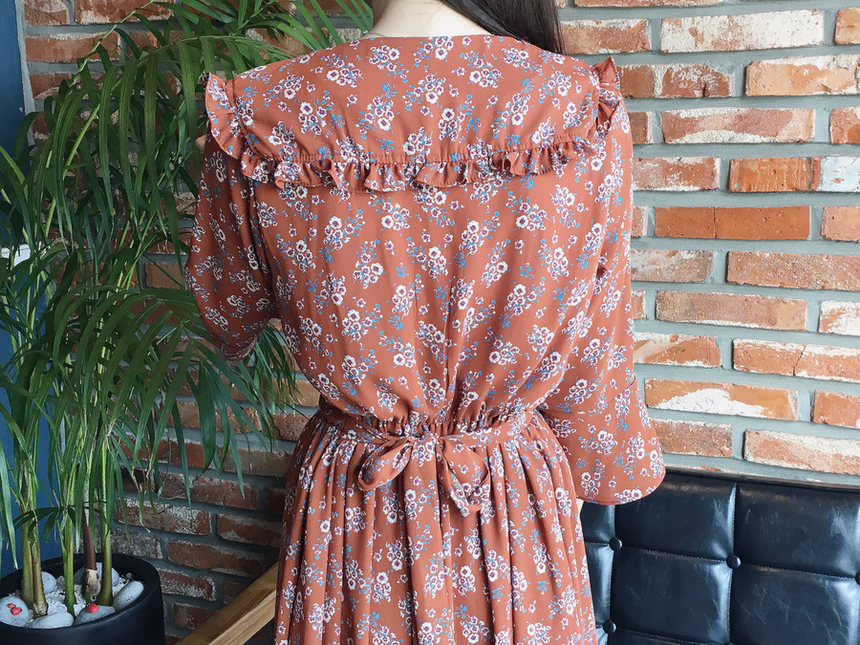 Square neck flower chiffon ruffle dress 7 part aut