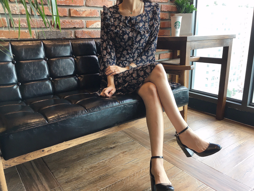 Square neck flower chiffon ruffle dress 7 part aut