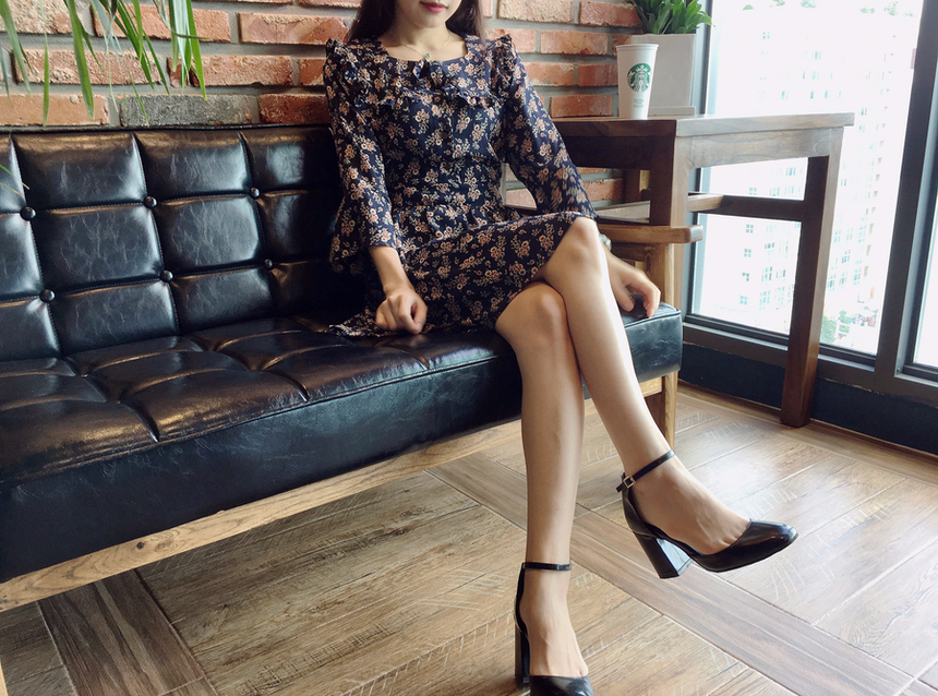 Square neck flower chiffon ruffle dress 7 part aut