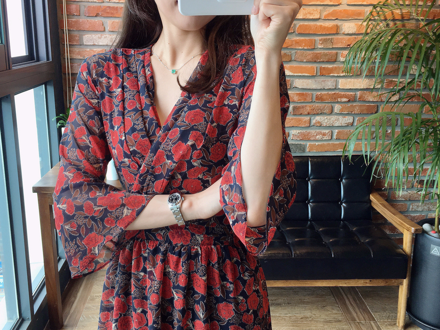 Flower Chiffon Wrap One Piece V-neck Fall Mini 3co