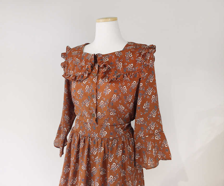 Square neck flower chiffon ruffle dress 7 part aut