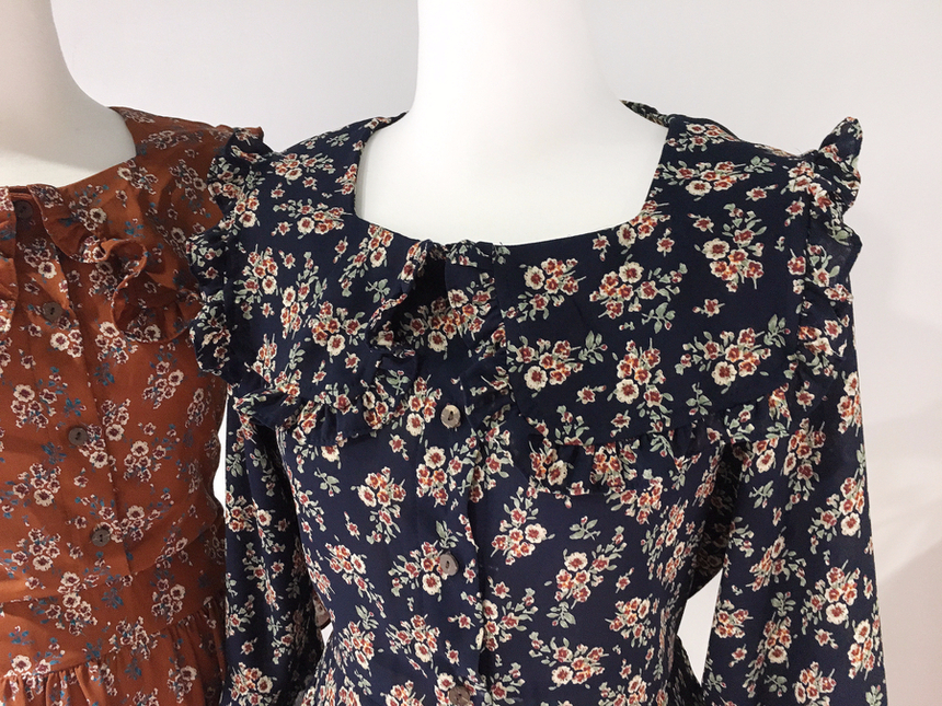 Square neck flower chiffon ruffle dress 7 part aut