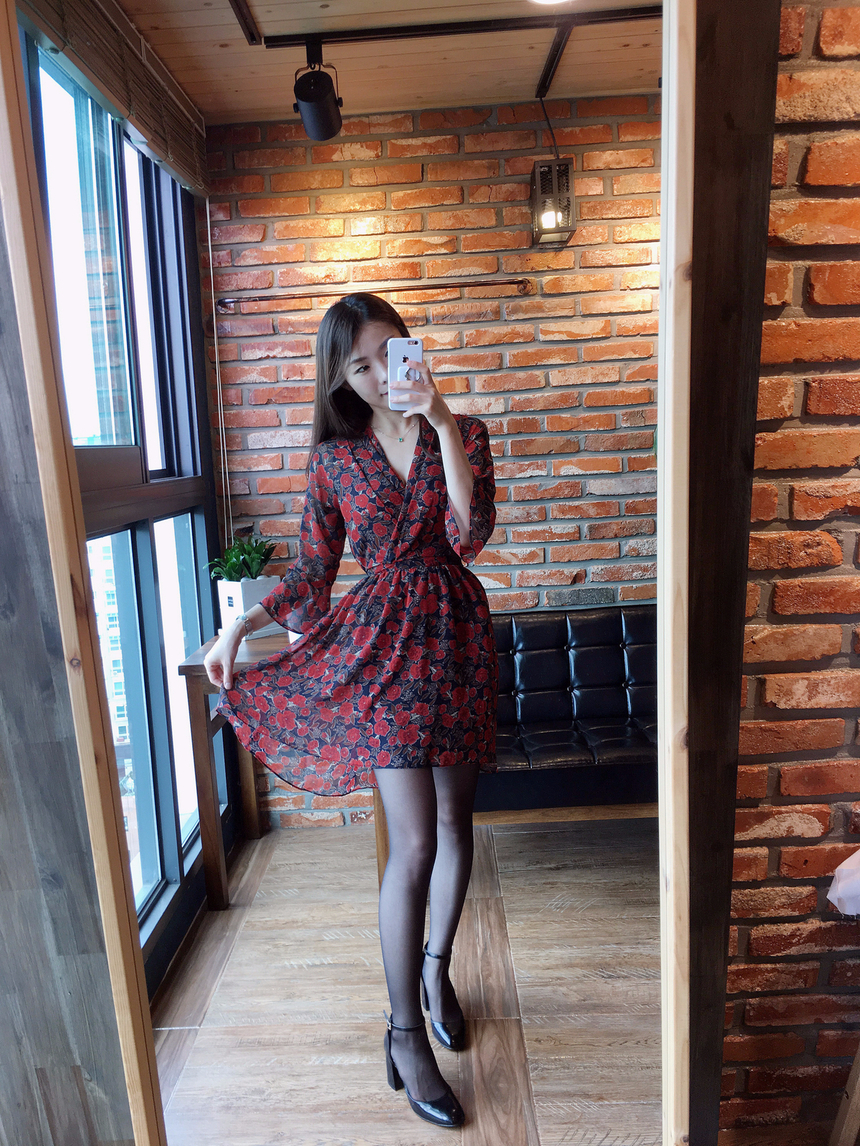 Flower Chiffon Wrap One Piece V-neck Fall Mini 3co