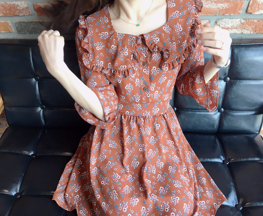 Square neck flower chiffon ruffle dress 7 part aut