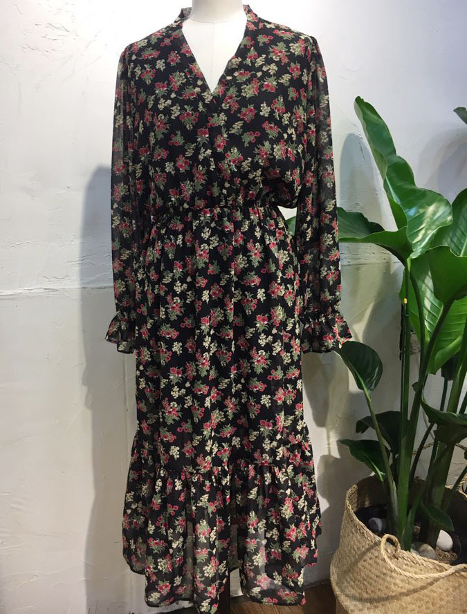 Autumn Flower Long Chiffon Dress Luxury Look Styli