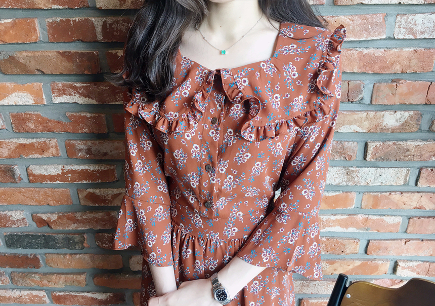 Square neck flower chiffon ruffle dress 7 part aut