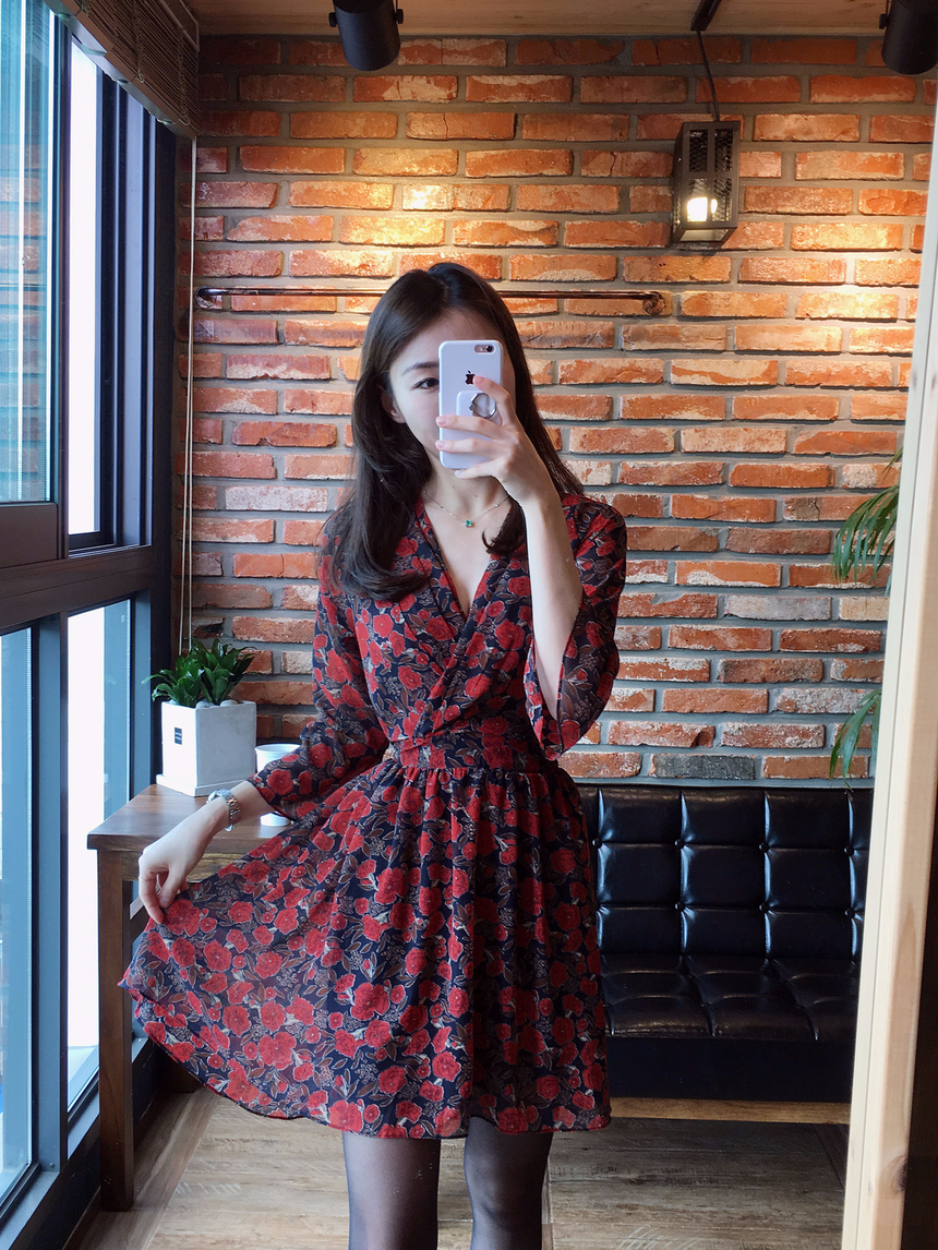 Flower Chiffon Wrap One Piece V-neck Fall Mini 3co