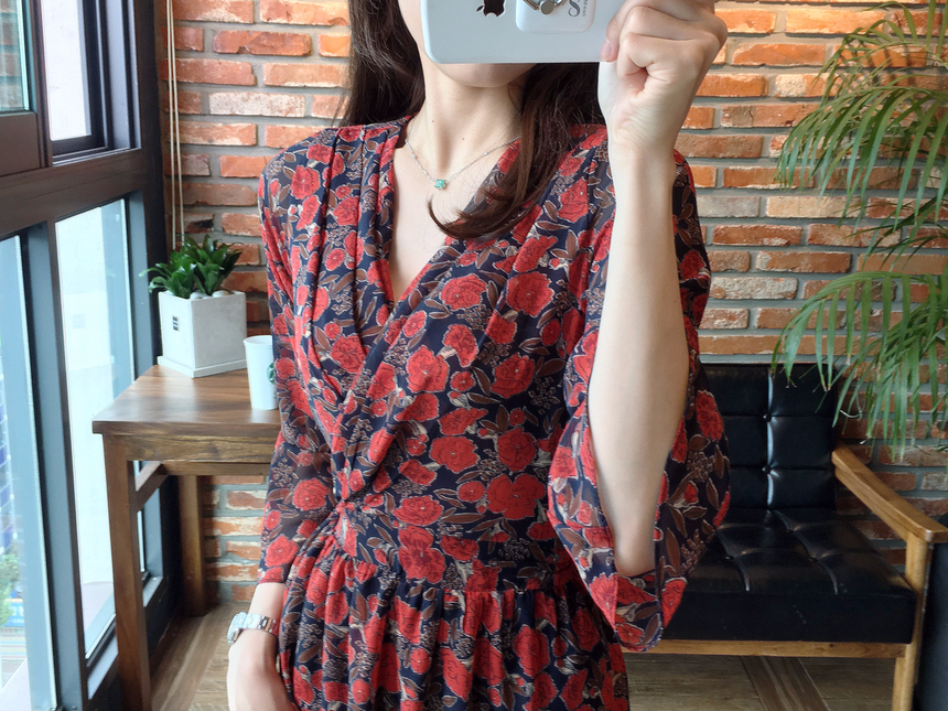 Flower Chiffon Wrap One Piece V-neck Fall Mini 3co