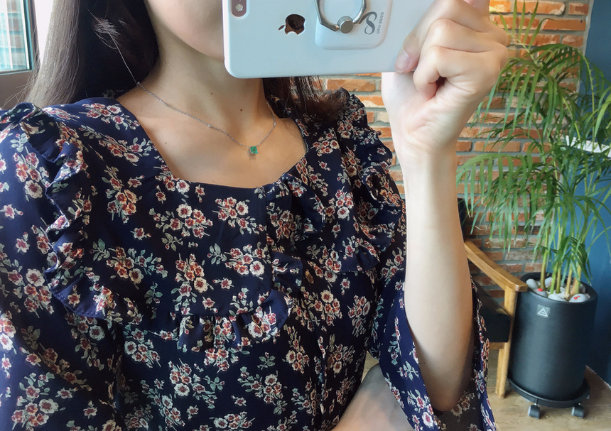 Square neck flower chiffon ruffle dress 7 part aut