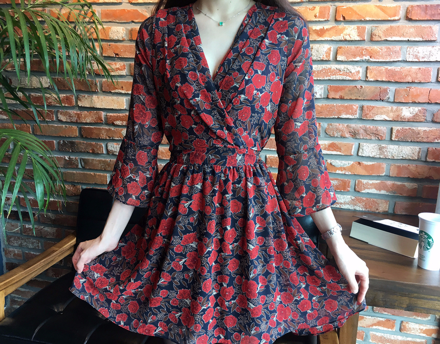 Flower Chiffon Wrap One Piece V-neck Fall Mini 3co