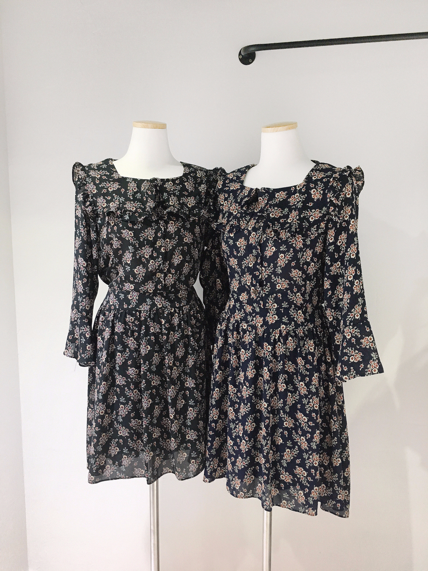 Square neck flower chiffon ruffle dress 7 part aut