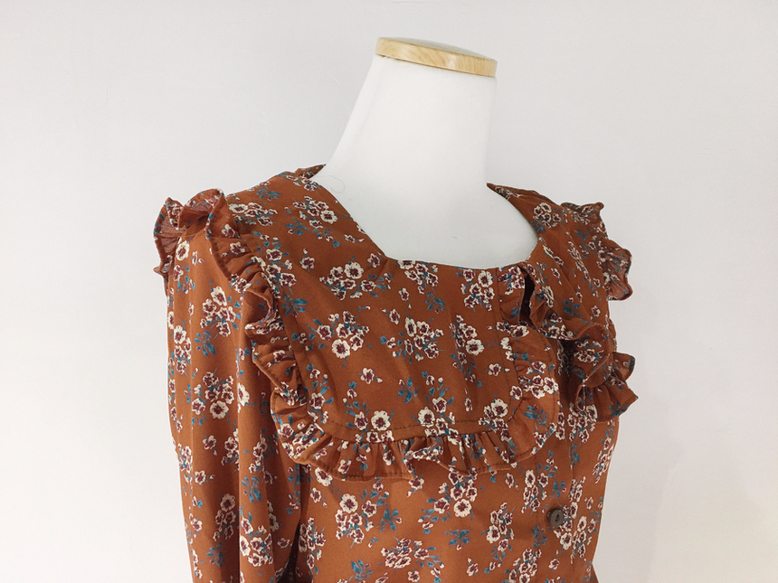 Square neck flower chiffon ruffle dress 7 part aut