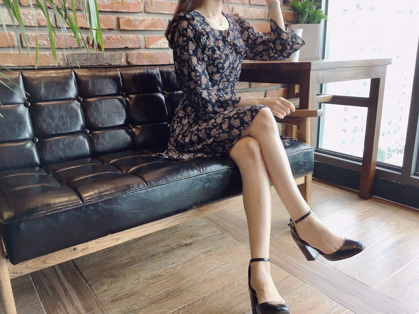 Square neck flower chiffon ruffle dress 7 part aut