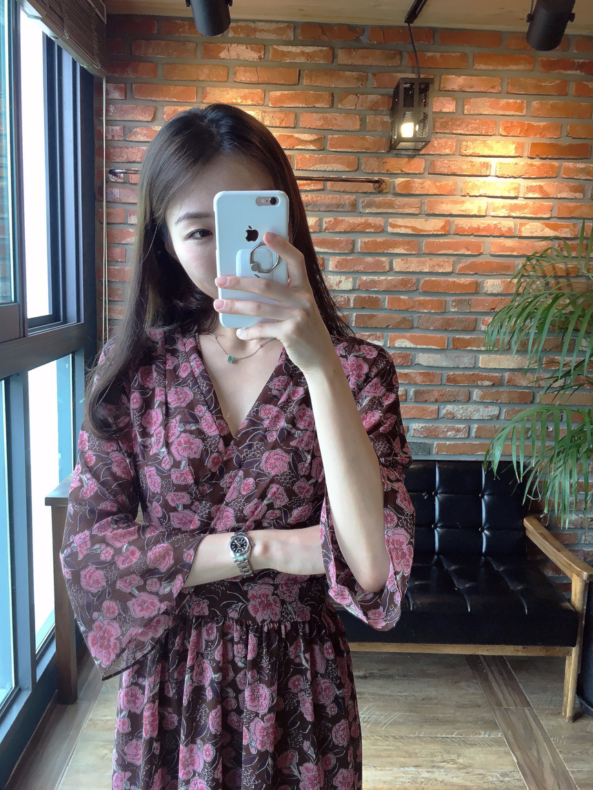 Flower Chiffon Wrap One Piece V-neck Fall Mini 3co