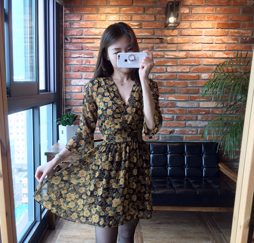 Flower Chiffon Wrap One Piece V-neck Fall Mini 3co