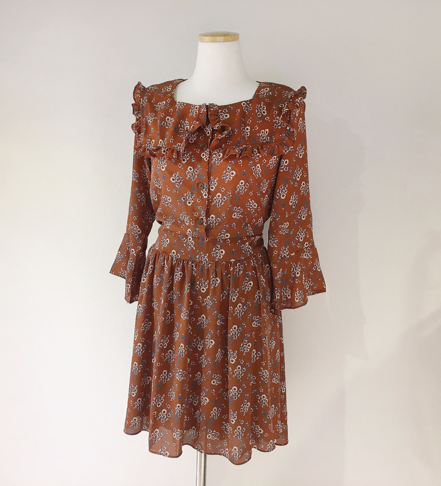 Square neck flower chiffon ruffle dress 7 part aut