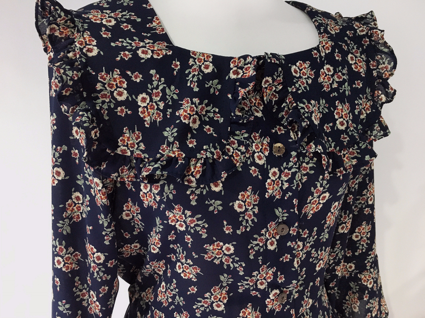 Square neck flower chiffon ruffle dress 7 part aut