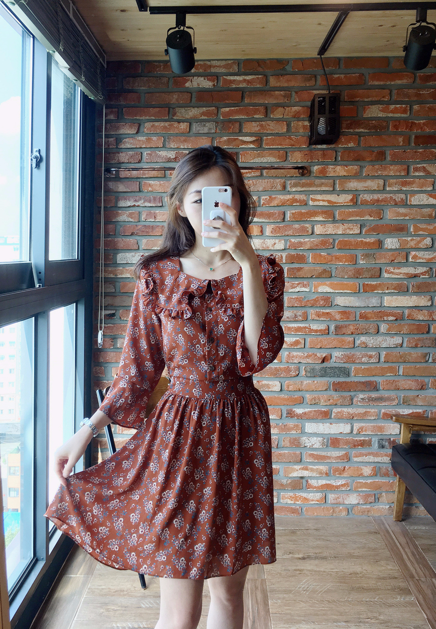 Square neck flower chiffon ruffle dress 7 part aut