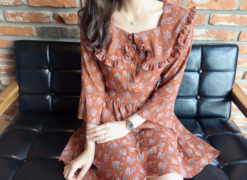 Square neck flower chiffon ruffle dress 7 part aut