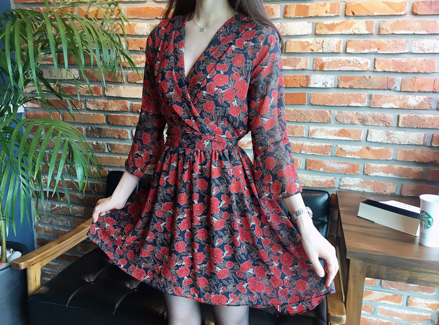 Flower Chiffon Wrap One Piece V-neck Fall Mini 3co