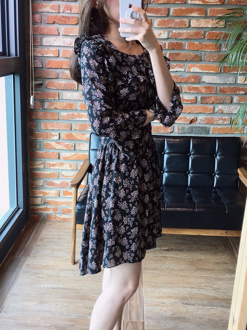 Square neck flower chiffon ruffle dress 7 part aut