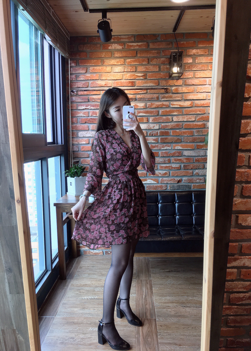 Flower Chiffon Wrap One Piece V-neck Fall Mini 3co