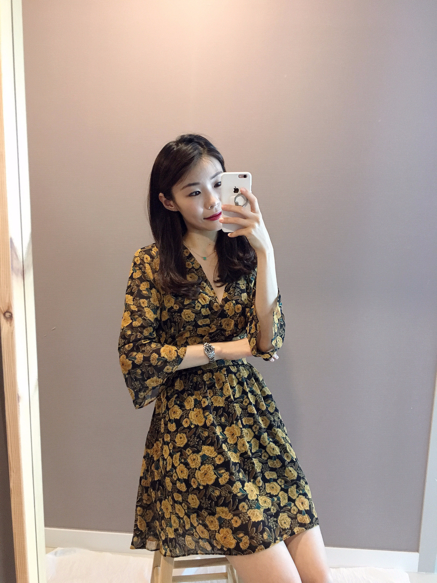 Flower Chiffon Wrap One Piece V-neck Fall Mini 3co