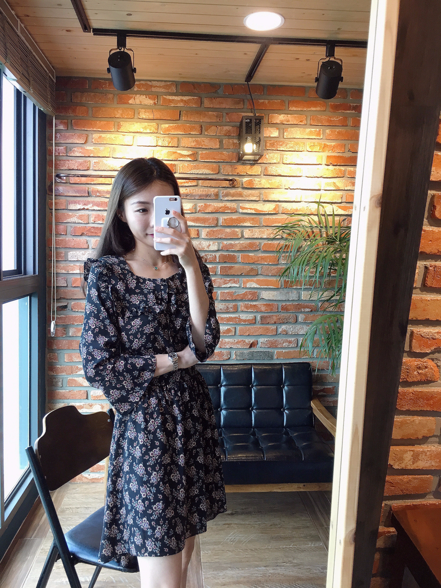 Square neck flower chiffon ruffle dress 7 part aut