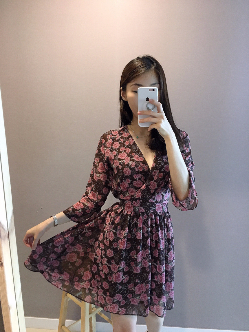 Flower Chiffon Wrap One Piece V-neck Fall Mini 3co