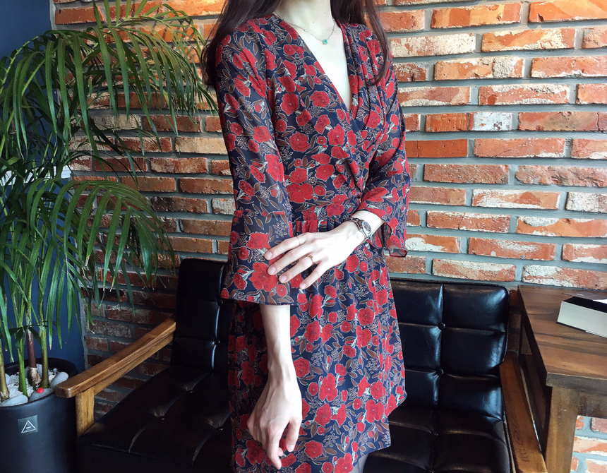 Flower Chiffon Wrap One Piece V-neck Fall Mini 3co